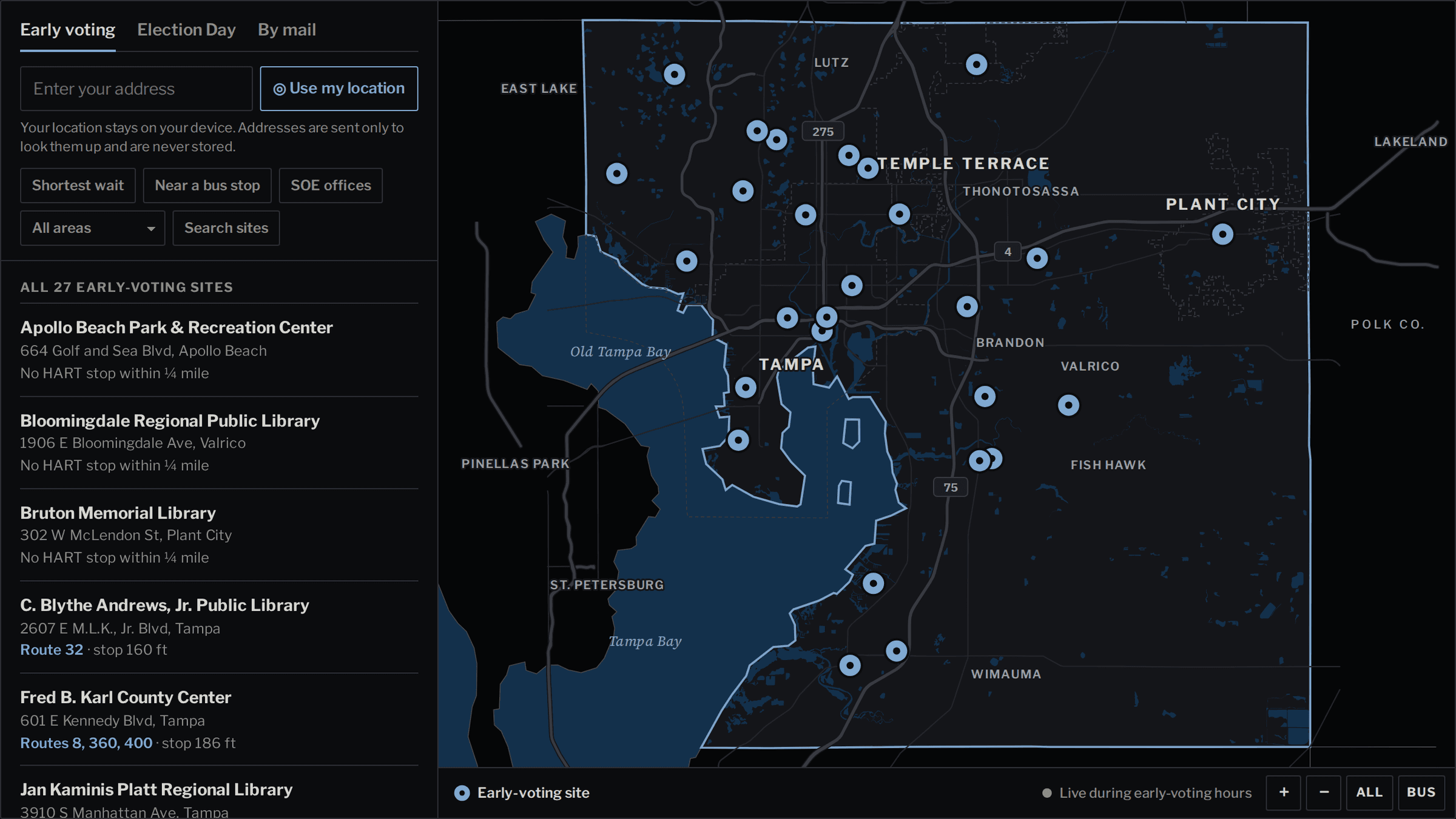 Map of Hillsborough County's 27 early-voting sites